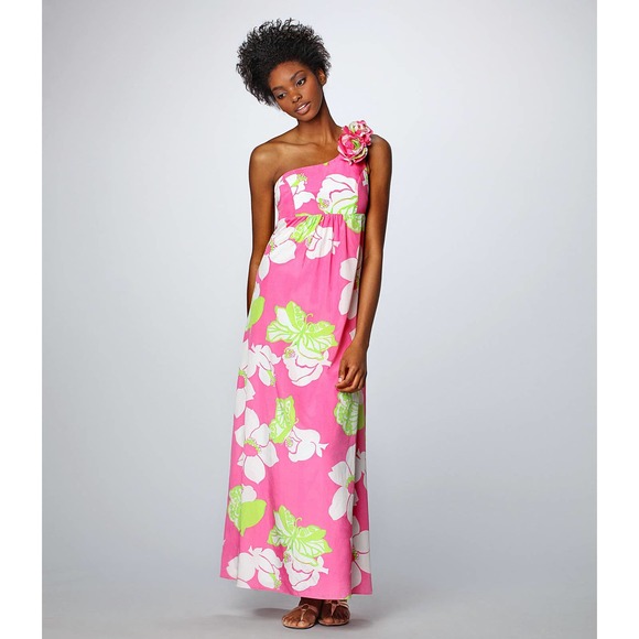Lilly Pulitzer Dresses & Skirts - LILLY PULITZER PINK SILK & COTTON FLORAL PRINT ONE SHOULDER MAXI DRESS